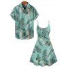 Beach Couple Outfit Tropical Leaf Print Spaghetti Strap V Neck A Line Mini Tank Dress and Button Up Shirt Matching Outfit - Vert clair S | US 4