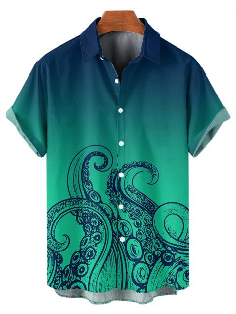 Men's Ombre Octopus Pattern Vacation Shirt Button Up Roll Up Short Sleeve Beach Shirt