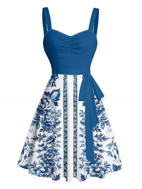 Robe de vacances à imprimé floral ethnique, buste froncé, ceinture, col en cœur, coupe trapèze, mini, décontractée