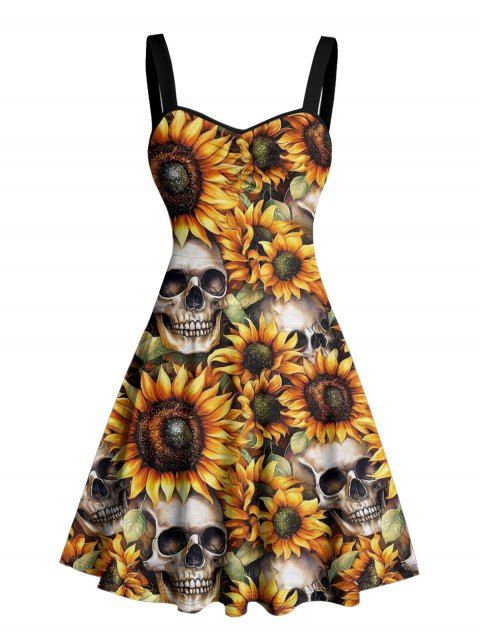 Robe gothique à motif de têtes de mort et de tournesols, buste froncé, ceinture, décolleté en cœur, mini robe de vacances trapèze
