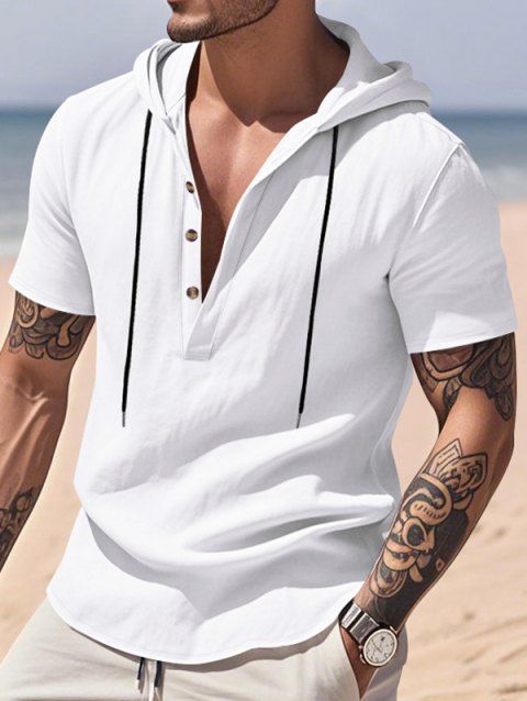T-shirt décontracté à manches courtes et col rond pour homme, couleur unie, avec cordon de serrage, à capuche et cordon de serrage, idéal pour la plage