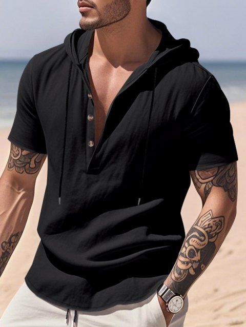 T-shirt décontracté à manches courtes et col rond pour homme, couleur unie, avec cordon de serrage, à capuche et cordon de serrage, idéal pour la plage