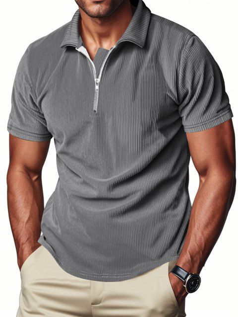 T-shirt décontracté à col rabattu et fermeture éclair 1/4 pour homme, couleur unie et texturée, en velours côtelé