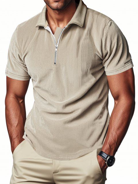 T-shirt décontracté à col rabattu et fermeture éclair 1/4 pour homme, couleur unie et texturée, en velours côtelé