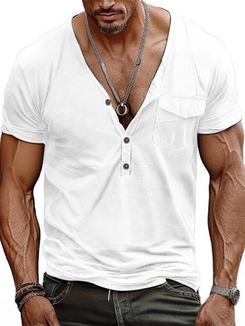 T-shirt à manches courtes et col en V pour homme, couleur unie, avec poche avant à demi-bouton, style décontracté