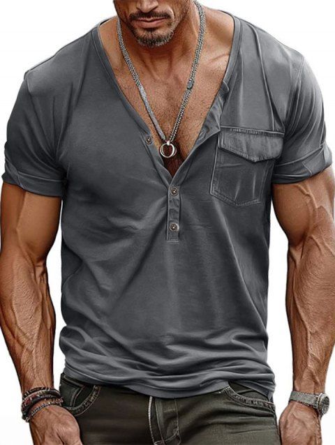 T-shirt à manches courtes et col en V pour homme, couleur unie, avec poche avant à demi-bouton, style décontracté