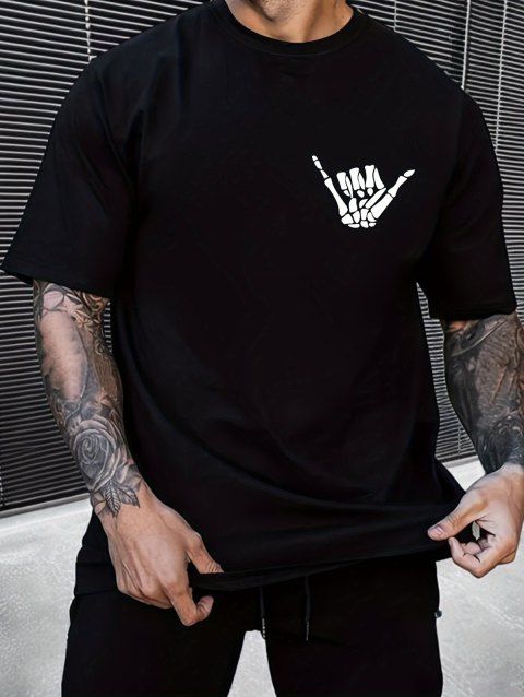T-shirt décontracté à col rond et manches courtes pour homme, motif squelette et geste rock