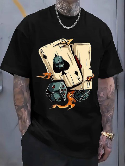 T-shirt à manches courtes et col rond pour homme, motif cartes à jouer, style streetwear, décontracté