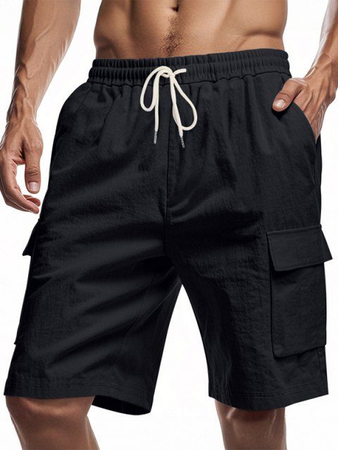 Men's Solid Color Multiple Pockets Drawstring Elastic Waist Knee-length Cargo Shorts Straight Outdoor Shorts