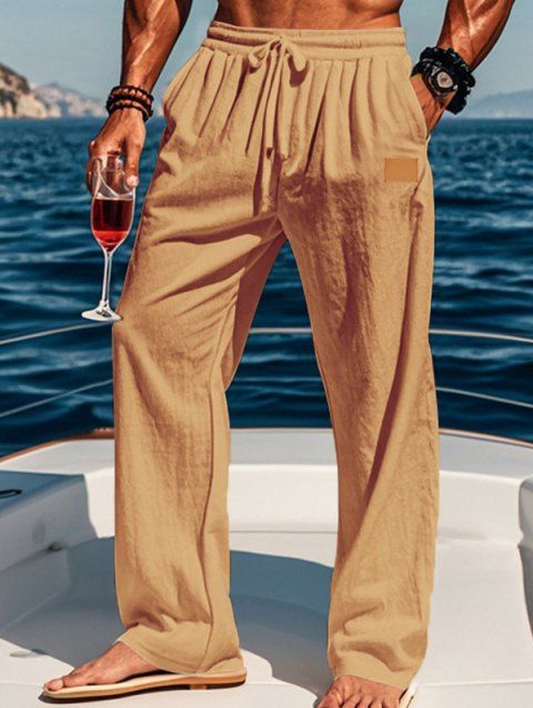 Pantalon décontracté long et droit pour homme, couleur unie, avec cordon de serrage et taille élastique