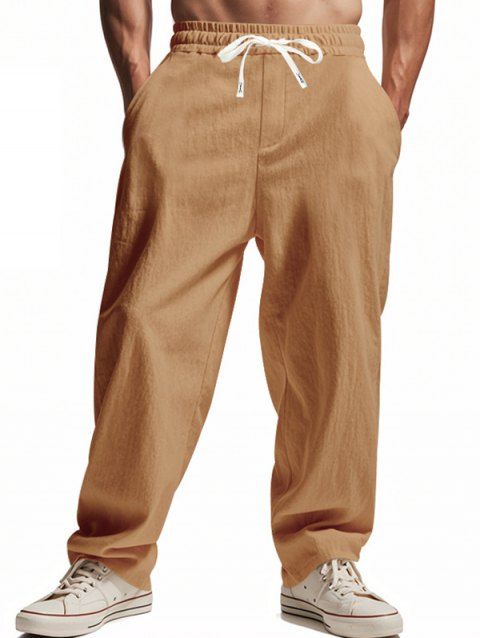 Pantalon décontracté pour homme, couleur unie, poches, cordon de serrage, taille élastique, jambes larges, long