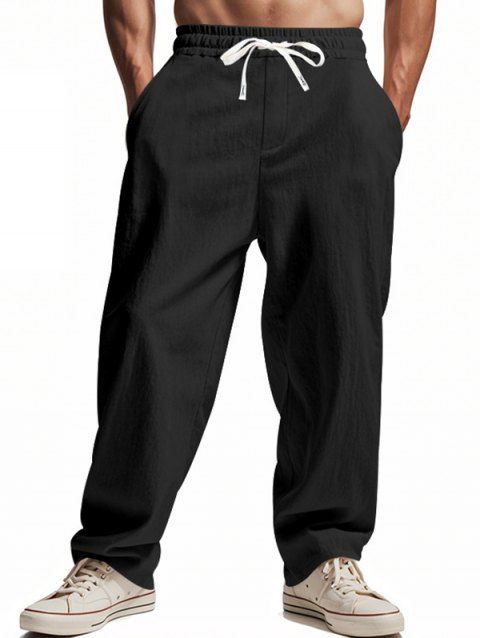 Pantalon décontracté pour homme, couleur unie, poches, cordon de serrage, taille élastique, jambes larges, long