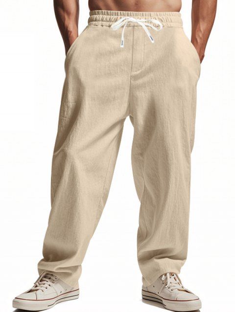 Men's Pockets Plain Color Drawstring Elastic Waist Wide Leg Long Casual Pants