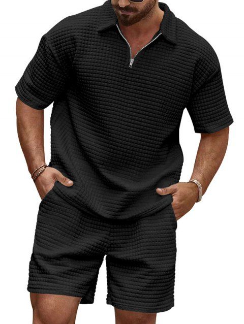 Ensemble deux pièces pour homme, décontracté, couleur unie, texturé, fermeture éclair 1/4, col rabattu, t-shirt et short à taille élastique avec cordon de serrage