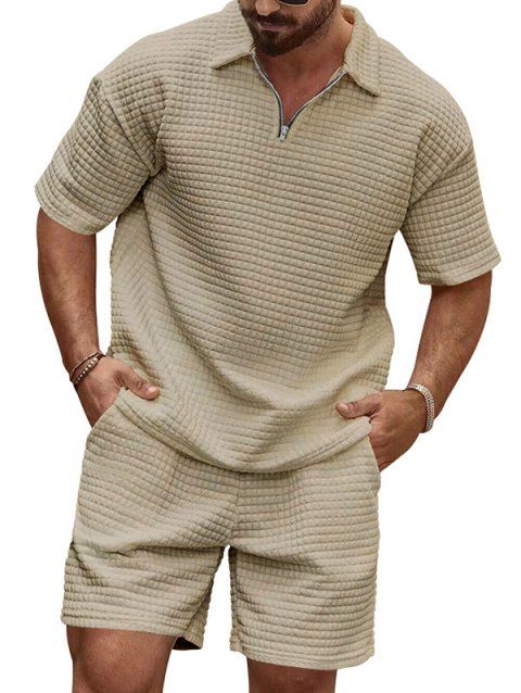 Ensemble deux pièces pour homme, décontracté, couleur unie, texturé, fermeture éclair 1/4, col rabattu, t-shirt et short à taille élastique avec cordon de serrage