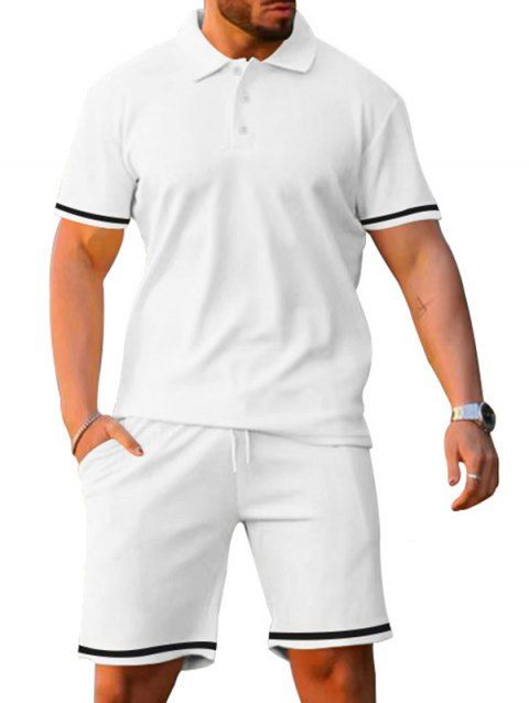 Ensemble deux pièces pour homme, décontracté, rayé, avec t-shirt boutonné 1/4 et short à taille élastique avec cordon de serrage