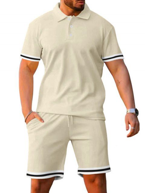 Ensemble deux pièces pour homme, décontracté, rayé, avec t-shirt boutonné 1/4 et short à taille élastique avec cordon de serrage