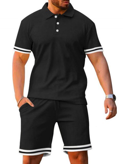 Ensemble deux pièces pour homme, décontracté, rayé, avec t-shirt boutonné 1/4 et short à taille élastique avec cordon de serrage