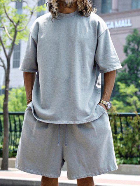 Ensemble deux pièces pour homme, couleur unie, col rond, manches mi-longues, pull, t-shirt et short droit à taille élastique avec cordon de serrage