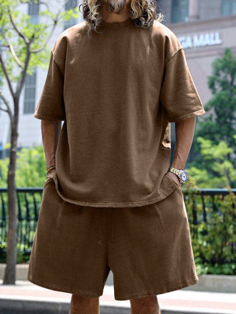 Ensemble deux pièces pour homme, couleur unie, col rond, manches mi-longues, pull, t-shirt et short droit à taille élastique avec cordon de serrage