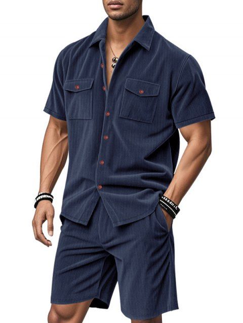 Ensemble deux pièces en velours côtelé texturé pour homme, couleur unie, poches avant, chemise boutonnée et short à cordon de serrage