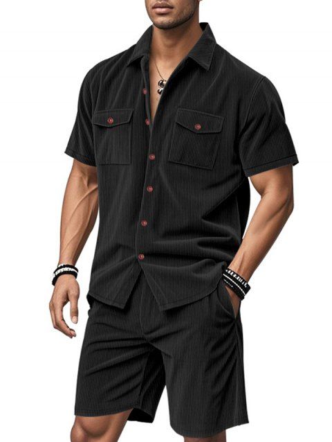 Ensemble deux pièces en velours côtelé texturé pour homme, couleur unie, poches avant, chemise boutonnée et short à cordon de serrage