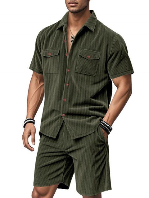 Ensemble deux pièces en velours côtelé texturé pour homme, couleur unie, poches avant, chemise boutonnée et short à cordon de serrage