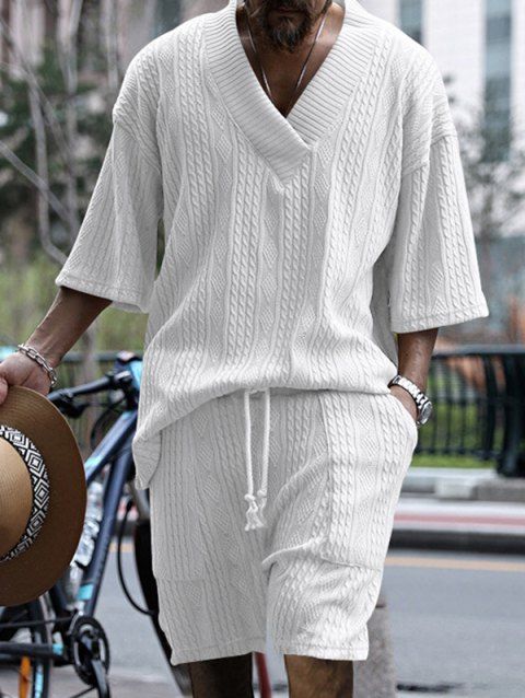 Ensemble deux pièces pour homme, haut en tricot à manches mi-longues et col en V en jacquard de couleur unie, avec cordon de serrage, taille élastique et poches.