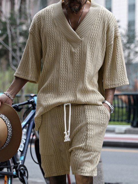 Ensemble deux pièces pour homme, haut en tricot à manches mi-longues et col en V en jacquard de couleur unie, avec cordon de serrage, taille élastique et poches.