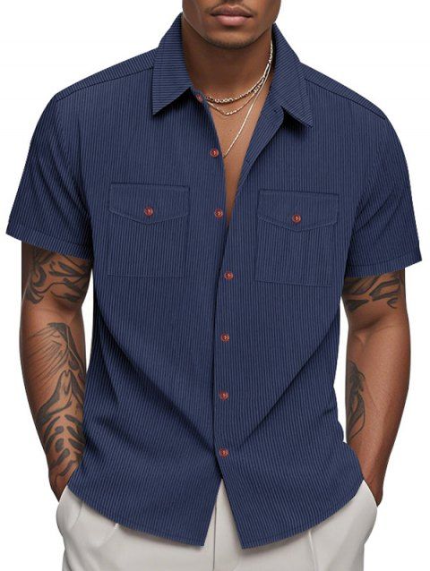 Chemise décontractée en velours côtelé à col rabattu et à boutons pour homme, couleur unie, texturée, avec poche avant