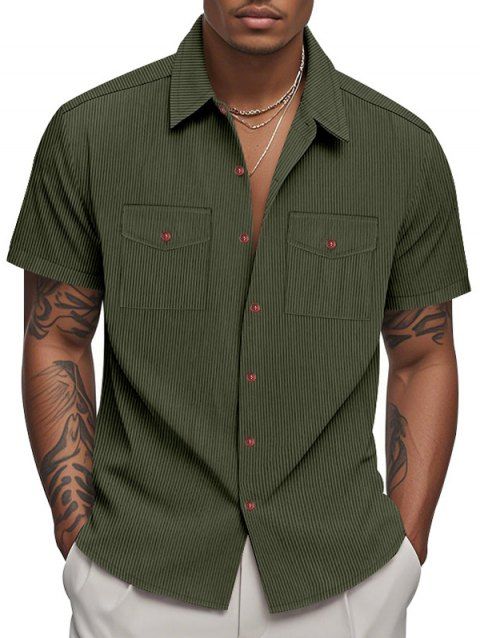 Chemise décontractée en velours côtelé à col rabattu et boutonnée pour homme, couleur unie, avec poche avant texturée