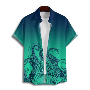 Men's Ombre Octopus Pattern Vacation Shirt Button Up Roll Up Short Sleeve Beach Shirt