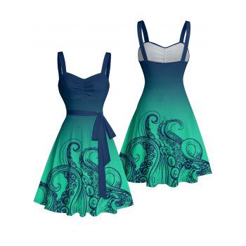 Ombre Octopus Pattern Ruched Bust Belt Vacation Dress Sweetheart Neck A Line Mini Beach Dress