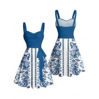 Floral Ethnic Print Ruched Bust Belt Vacation Dress Sweetheart Neck A Line Mini Casual Dress