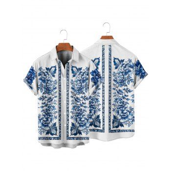 Vacation Couple Outfit Floral Ethnic Print Ruched Bust Belt Sweetheart Neck Dress and Button Up Shirt Matching Outfit