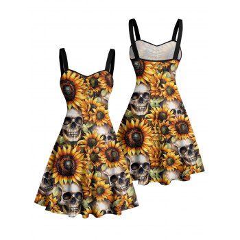 Allover Sunflower Skulls Pattern Ruched Bust Gothic Dress Sweetheart Neck A Line Mini Vacation Dress