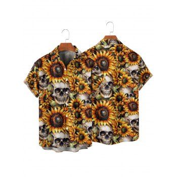 Gothic Couple Outfit Allover Sunflower Skulls Pattern Ruched Bust Sweetheart Neck Dress and Button Up Shirt Vacation Matching Outfit