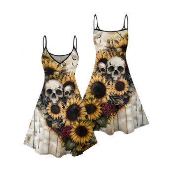 Skulls Sunflower Rose Pattern Gothic Dress Spaghetti Strap V Neck A Line Mini Vacation Tank Dress