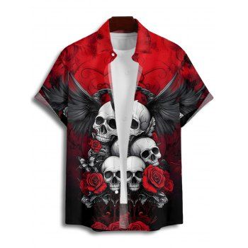 Men's Skulls Floral Butterfly Eagle Pattern Gothic Shirt Button Up Roll Up Short Sleeve Vacation Shirt