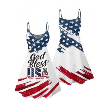 American Flag Elements Letter Pattern Independence Day Dress Spaghetti Strap V Neck A Line Mini Patriotic Tank Dress