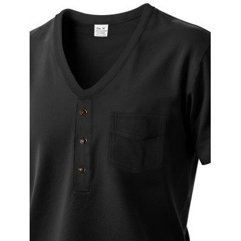 Men's Solid Color Half Button Front Pocket T-shirt V Neck Pullover Short Sleeve Casual Tee