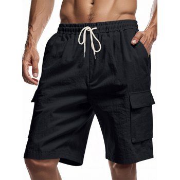 Men's Solid Color Multiple Pockets Drawstring Elastic Waist Knee-length Cargo Shorts Straight Outdoor Shorts