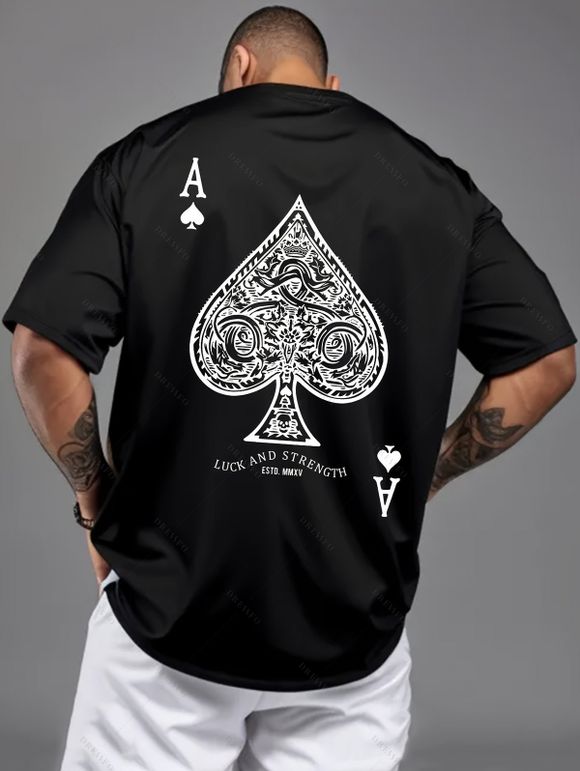 T-shirt décontracté à col rond et manches courtes pour homme, imprimé cartes à jouer et lettres - Noir XXXL