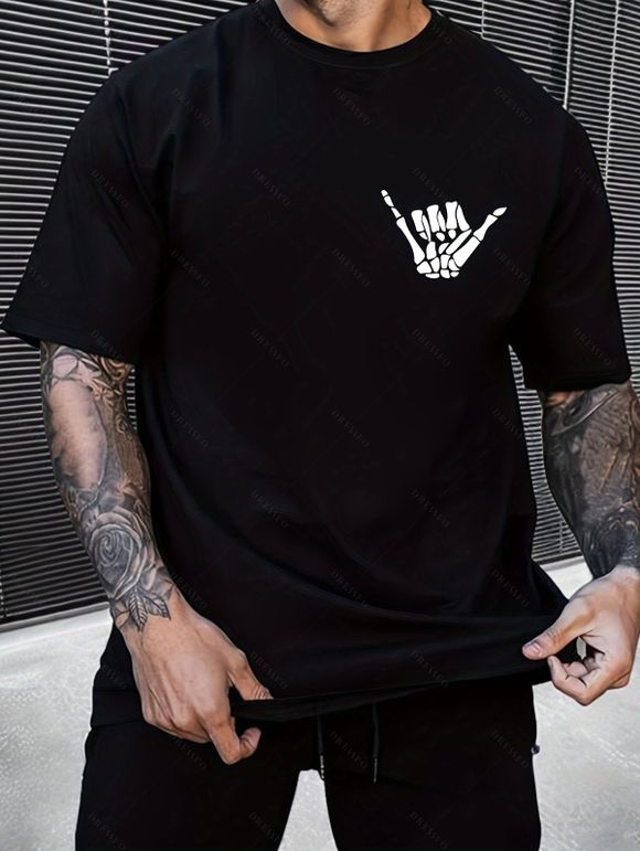 T-shirt décontracté à col rond et manches courtes pour homme, motif squelette et geste rock - Noir XXXL