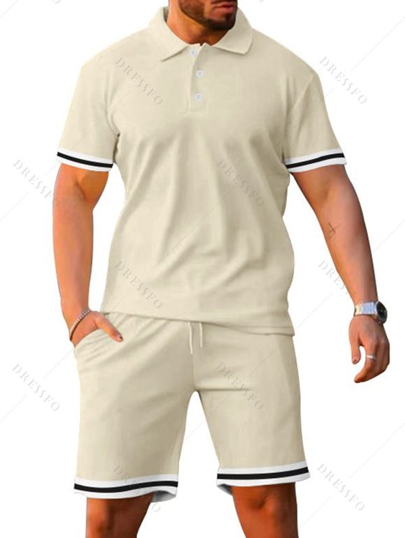 Ensemble deux pièces pour homme, décontracté, rayé, avec t-shirt boutonné 1/4 et short à taille élastique avec cordon de serrage - Abricot XXXL