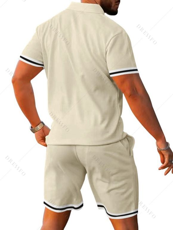 Ensemble deux pièces pour homme, décontracté, rayé, avec t-shirt boutonné 1/4 et short à taille élastique avec cordon de serrage - Abricot XXXL