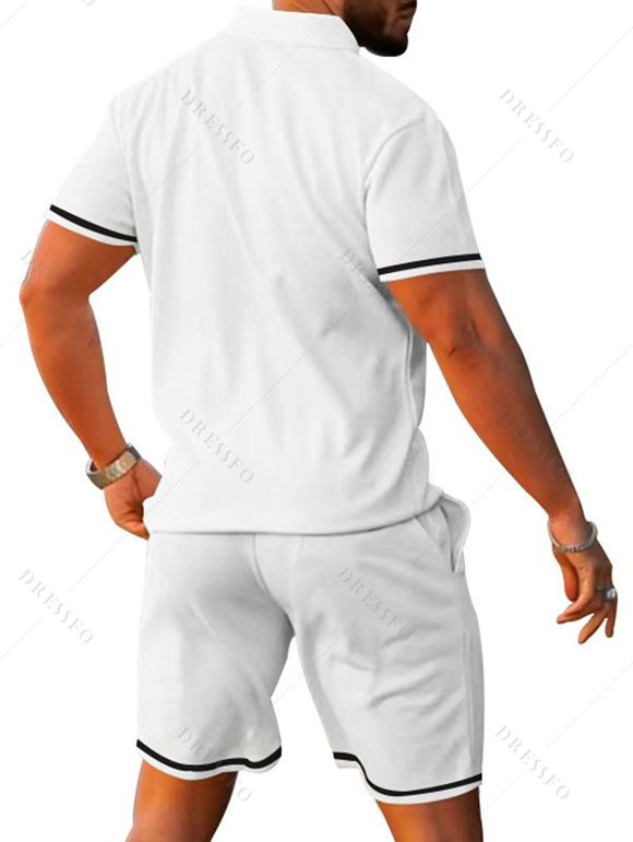 Ensemble deux pièces pour homme, décontracté, rayé, avec t-shirt boutonné 1/4 et short à taille élastique avec cordon de serrage - Blanc L