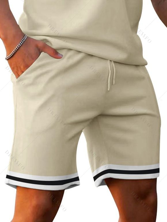 Ensemble deux pièces pour homme, décontracté, rayé, avec t-shirt boutonné 1/4 et short à taille élastique avec cordon de serrage - Abricot XXXL