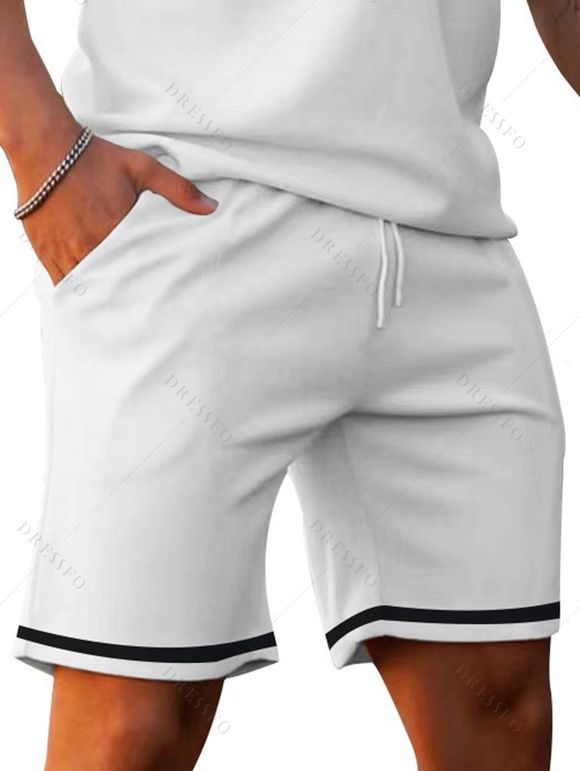 Ensemble deux pièces pour homme, décontracté, rayé, avec t-shirt boutonné 1/4 et short à taille élastique avec cordon de serrage - Blanc L