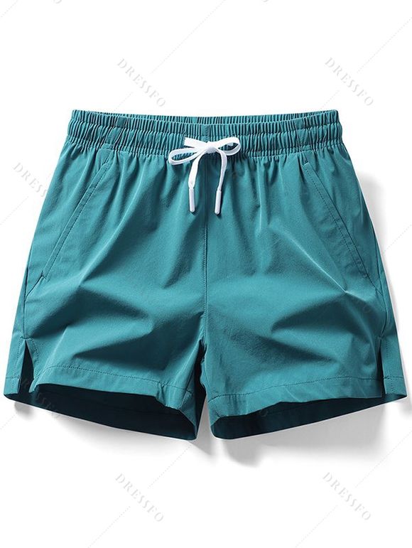 Short décontracté pour homme, couleur unie, avec cordon de serrage, taille élastique, poches, ourlet fendu - Bleu L